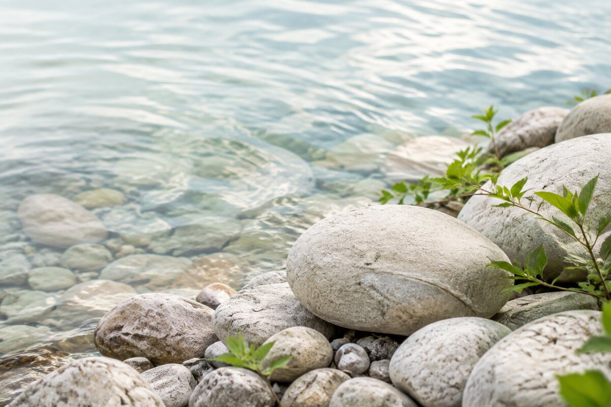 Pietre naturali chiare accanto ad acqua calma e vegetazione verde